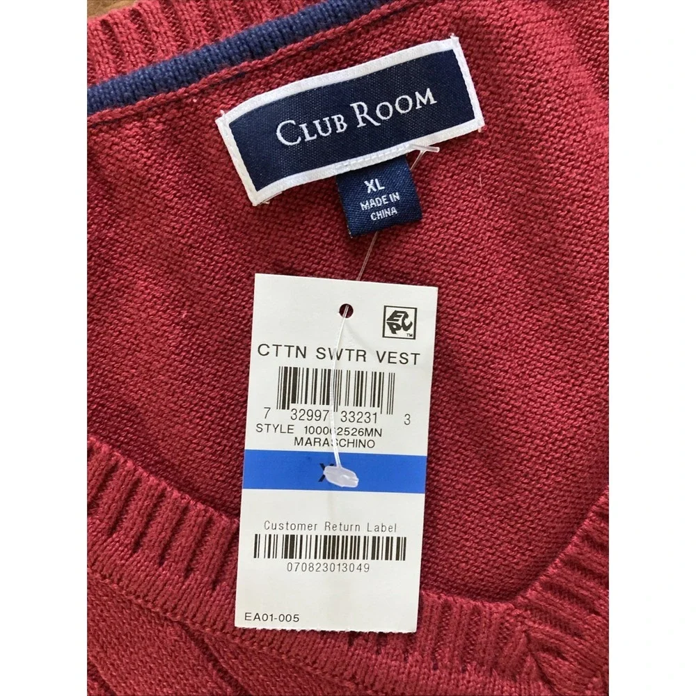 Club Room Cotton Sweater Vest Mens Sz‎ XL New Red V-Neck Cable-Knit Pullover